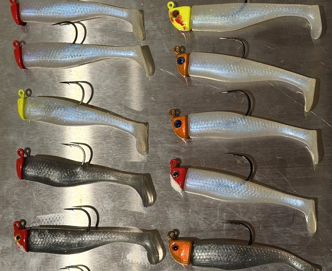 Twelve swimbaits laid out in two rows, each rigged on its matching powder-coated jig head